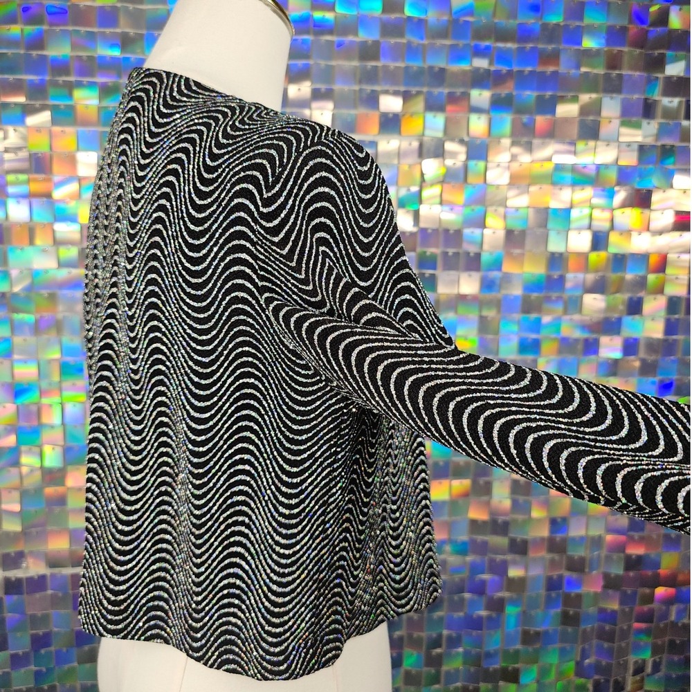 Ronni Nicole Vintage‎ Black Silver Wave Sparkle Knit Cropped Cardigan Jacket - Picture 7 of 11